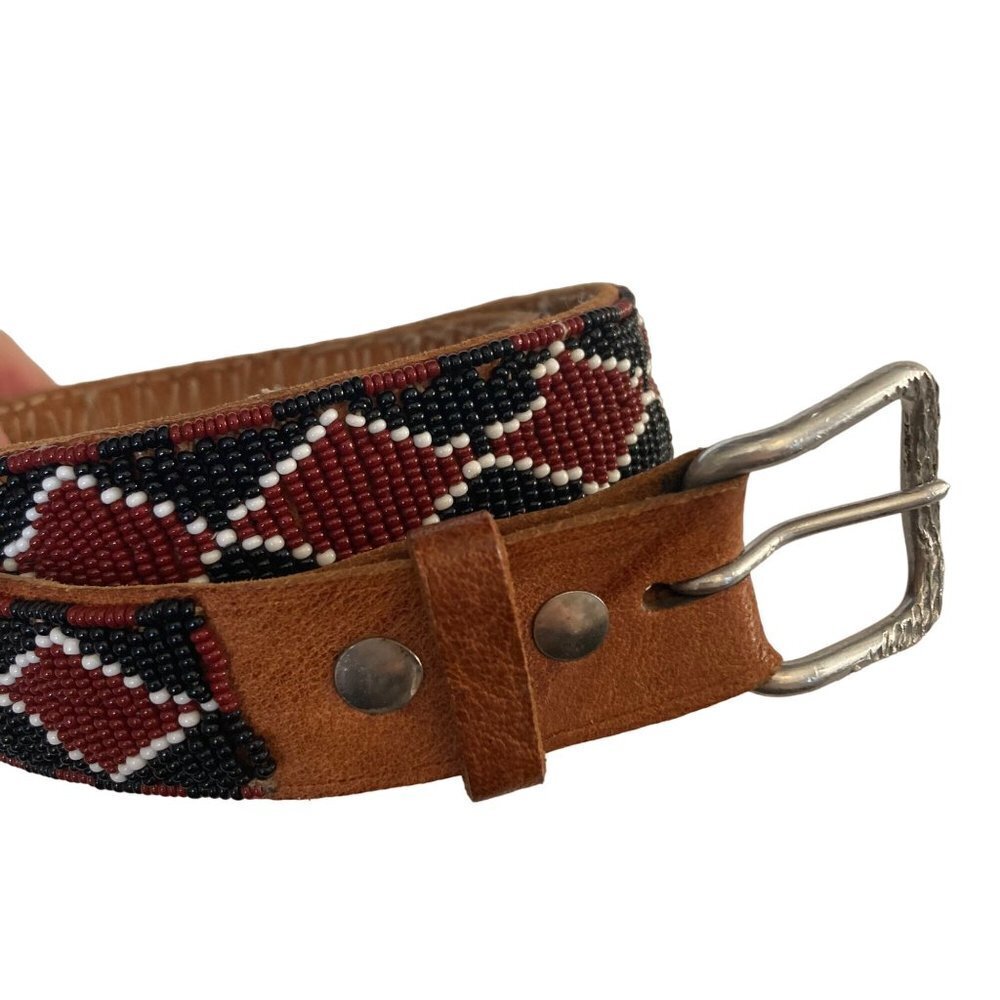 Vintage Hand Beaded Leather Belt Womens Large Red Black Southwestern Rodeo - Picture 4 of 9